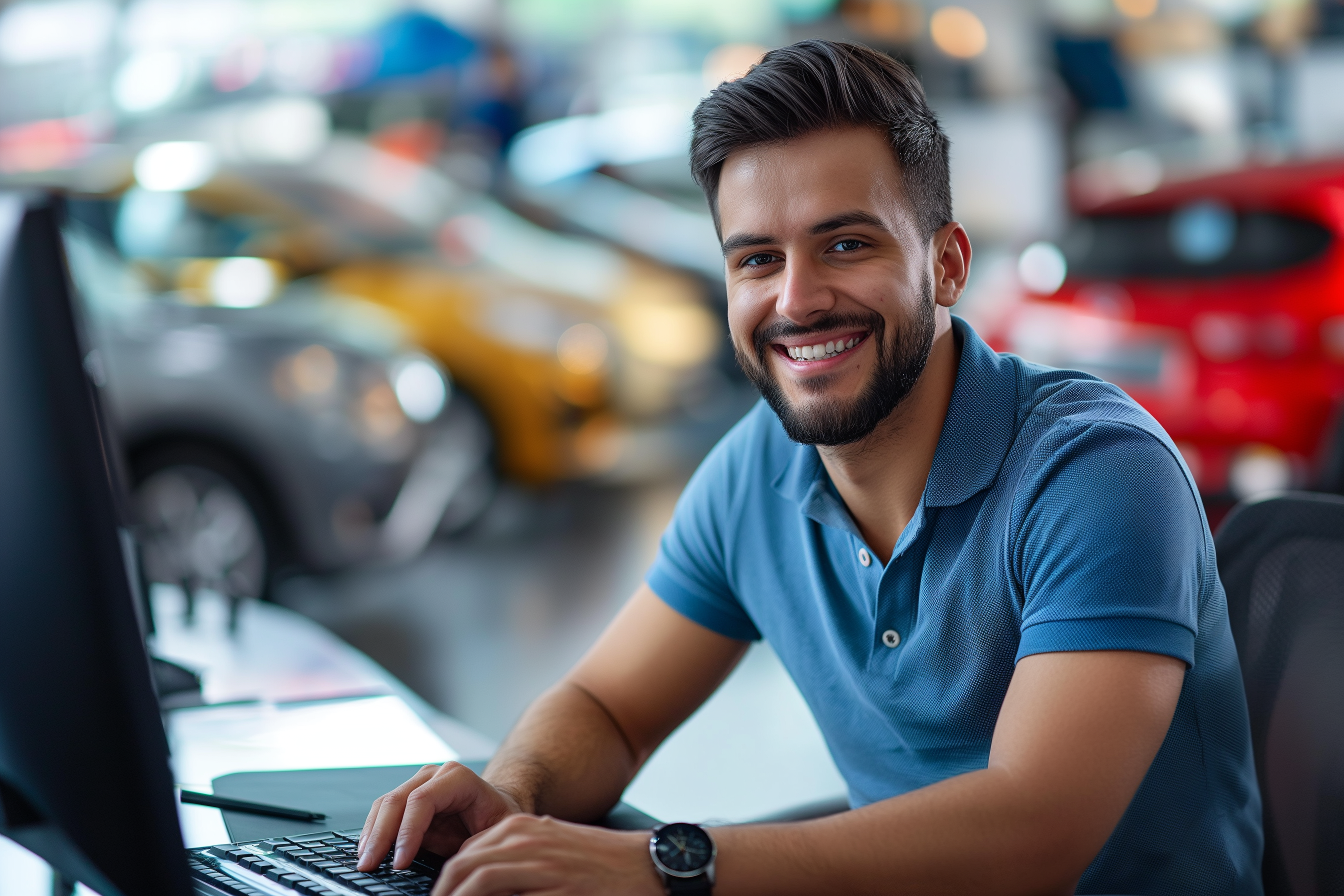 52_Smiling-person-in-polo-shirt-sat-at-desk-on-dealership-floor